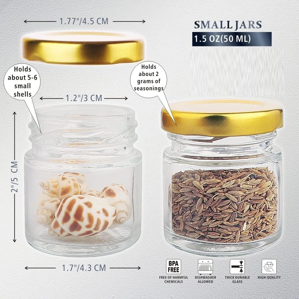 EVATTA Small Glass Jars with lid 50 ml - 48 Pieces Clear | Round Shape | Golden Airtight Metal Lid | mini glass jars | Mini Maso